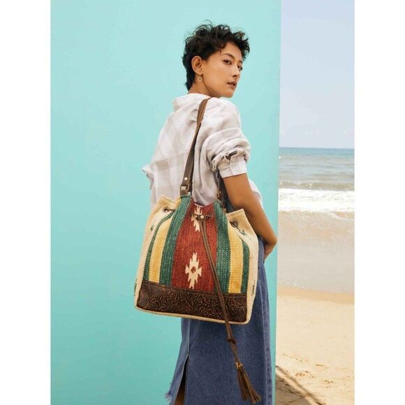 Myra Bag Handmade Radiant Bucket Bag Upcycled Canvas & Cowhide Leather - Picture 1 of 9
